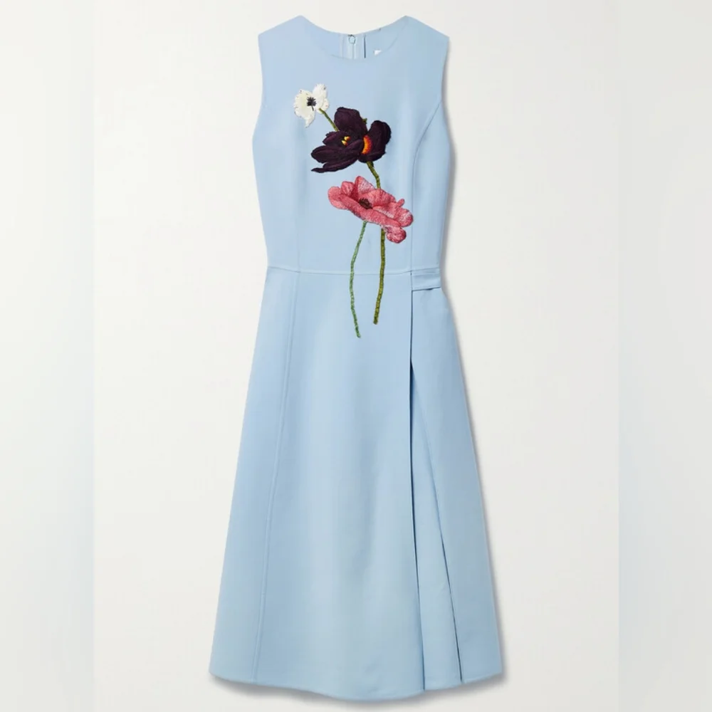 $3,400 OSCAR DE LA RENTA LIGHT BLUE WOOL FLOWER EMBR DRESS 8 - Picture 13 of 15